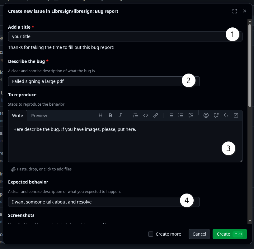 Bug report form.