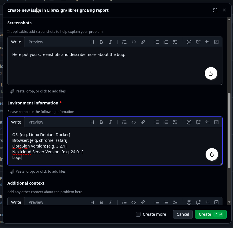 Bug report form continued.