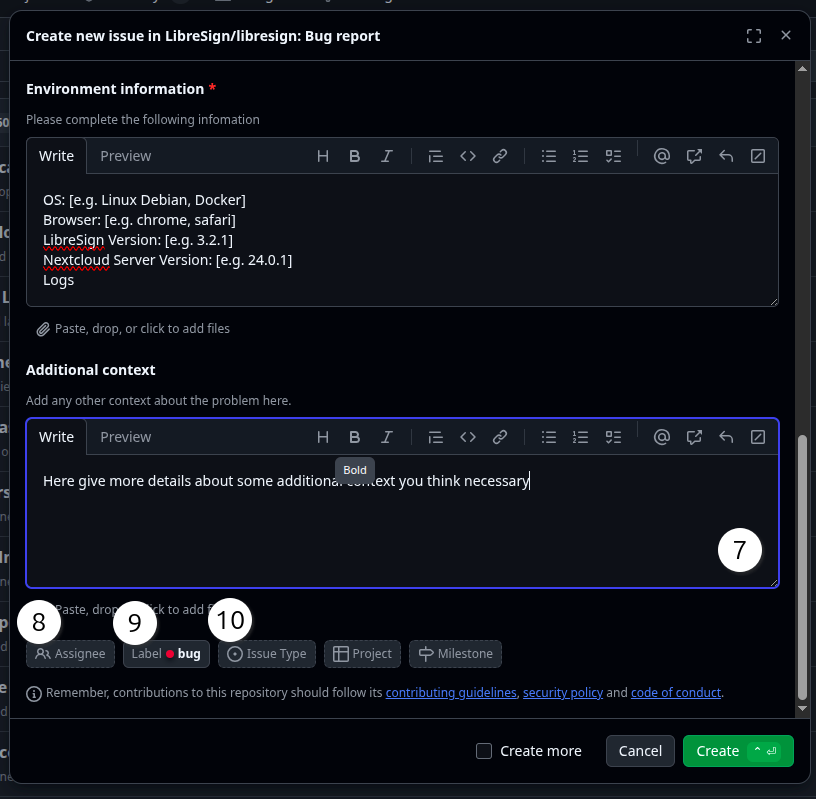 Bug report form continued.