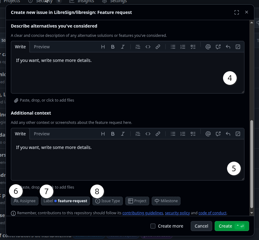 Feature request form continued.